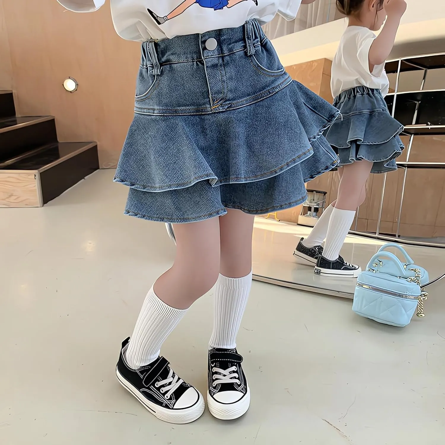 Little Girl's Denim Ruffle Skirts Mini Flared Pleated Toddler Jean Skorts with Shorts Underneath 3-13 Years