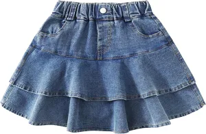 Little Girl's Denim Ruffle Skirts Mini Flared Pleated Toddler Jean Skorts with Shorts Underneath 3-13 Years