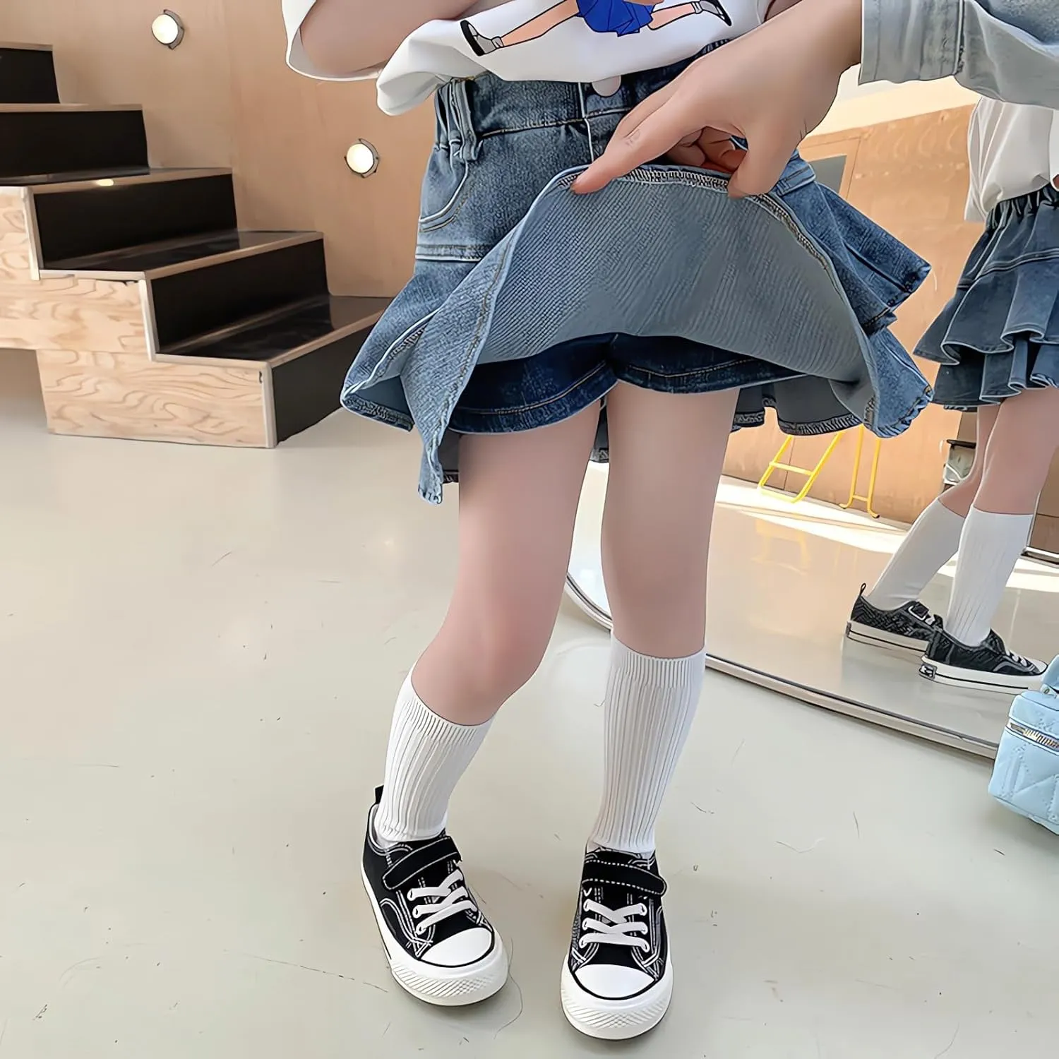 Little Girl's Denim Ruffle Skirts Mini Flared Pleated Toddler Jean Skorts with Shorts Underneath 3-13 Years