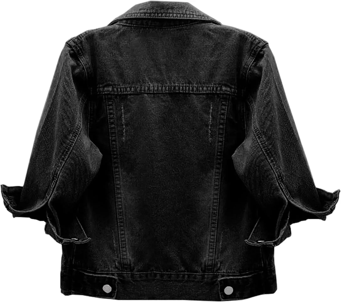 Locachy Womens 3/4 Sleeve Short Denim Jacket Lapel Button Down Cropped Trucker Jean Jackets Coats