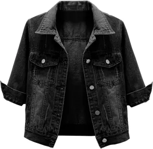 Locachy Womens 3/4 Sleeve Short Denim Jacket Lapel Button Down Cropped Trucker Jean Jackets Coats