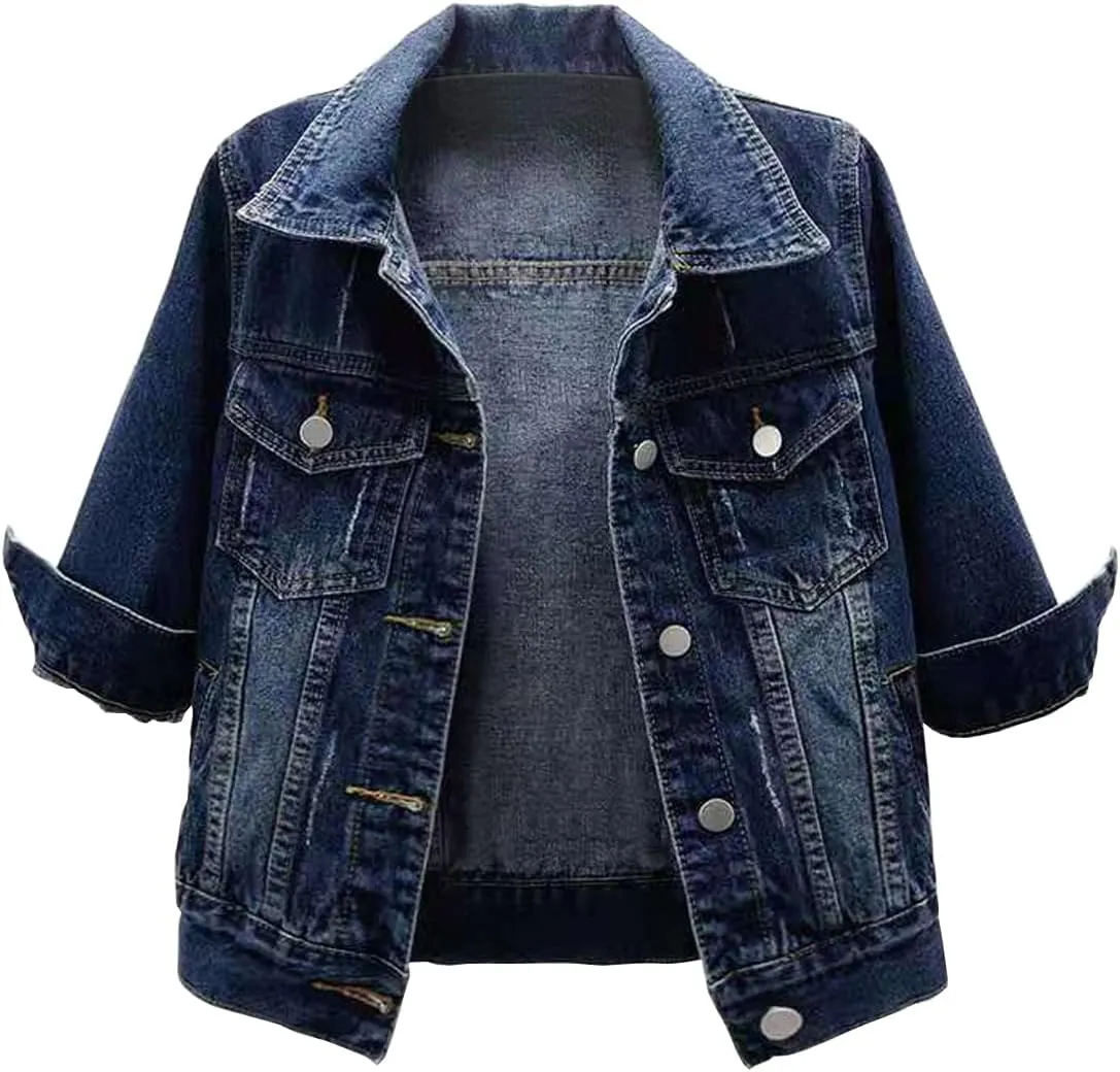 Locachy Womens 3/4 Sleeve Short Denim Jacket Lapel Button Down Cropped Trucker Jean Jackets Coats