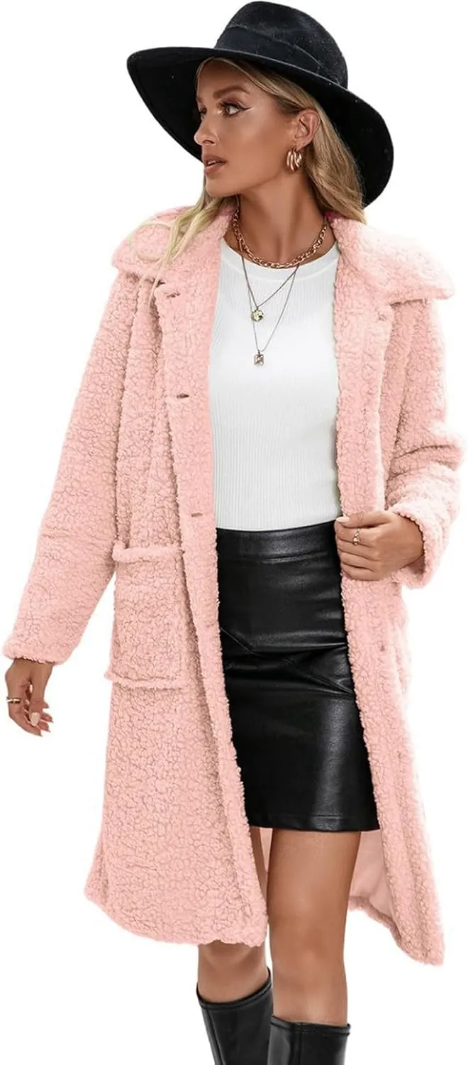 Long Jackets for Women Fuzzy Fleece Fashion Long Sleeve Teddy Coat Faux Fur Sherpa Warm Trench Coat Winter Outwear