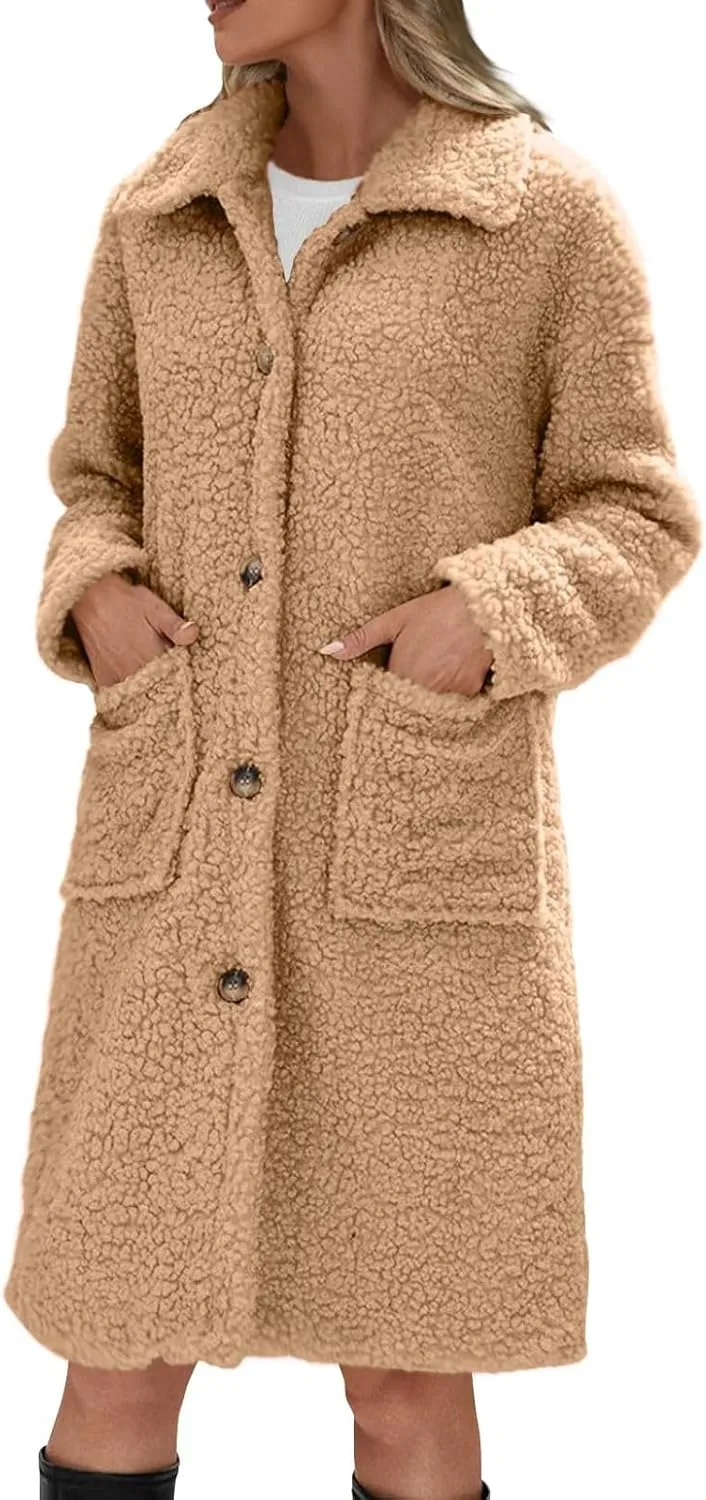 Long Jackets for Women Fuzzy Fleece Fashion Long Sleeve Teddy Coat Faux Fur Sherpa Warm Trench Coat Winter Outwear