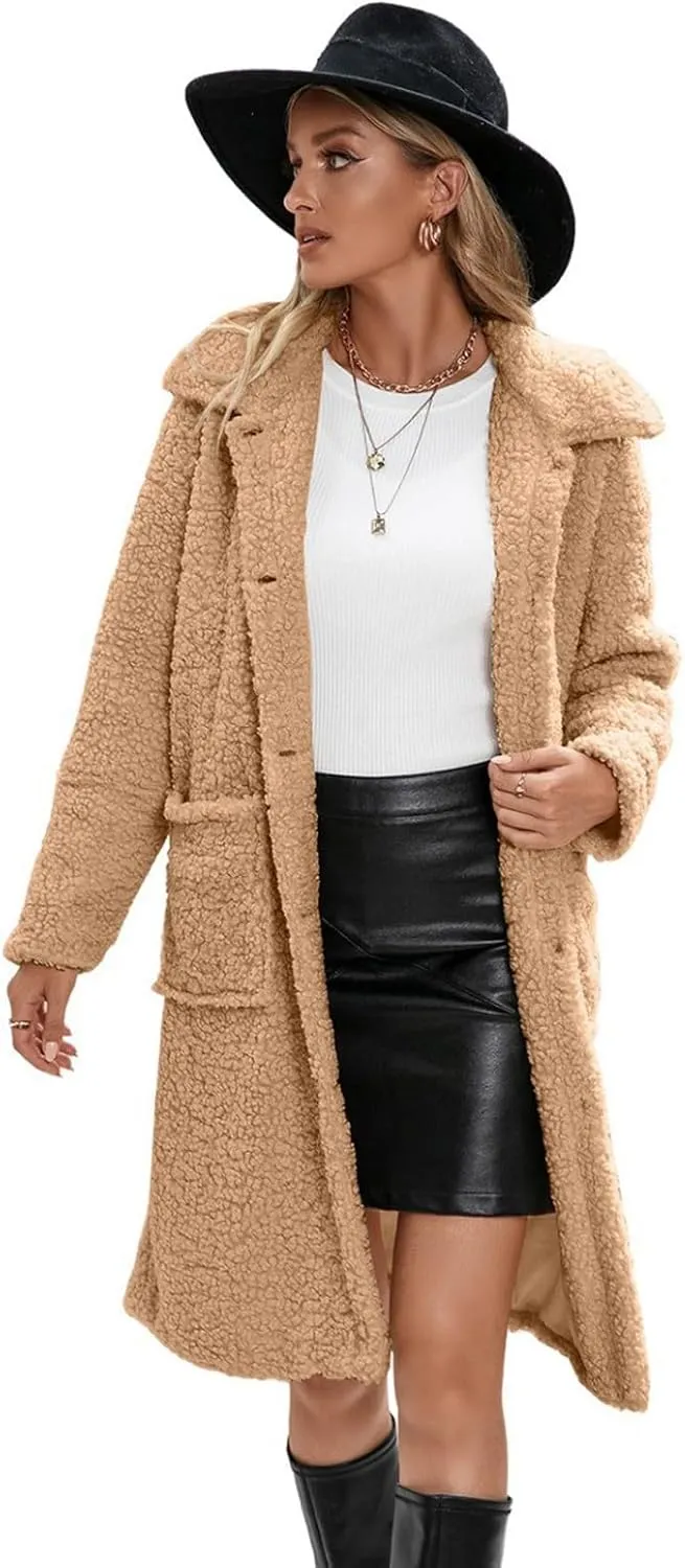 Long Jackets for Women Fuzzy Fleece Fashion Long Sleeve Teddy Coat Faux Fur Sherpa Warm Trench Coat Winter Outwear