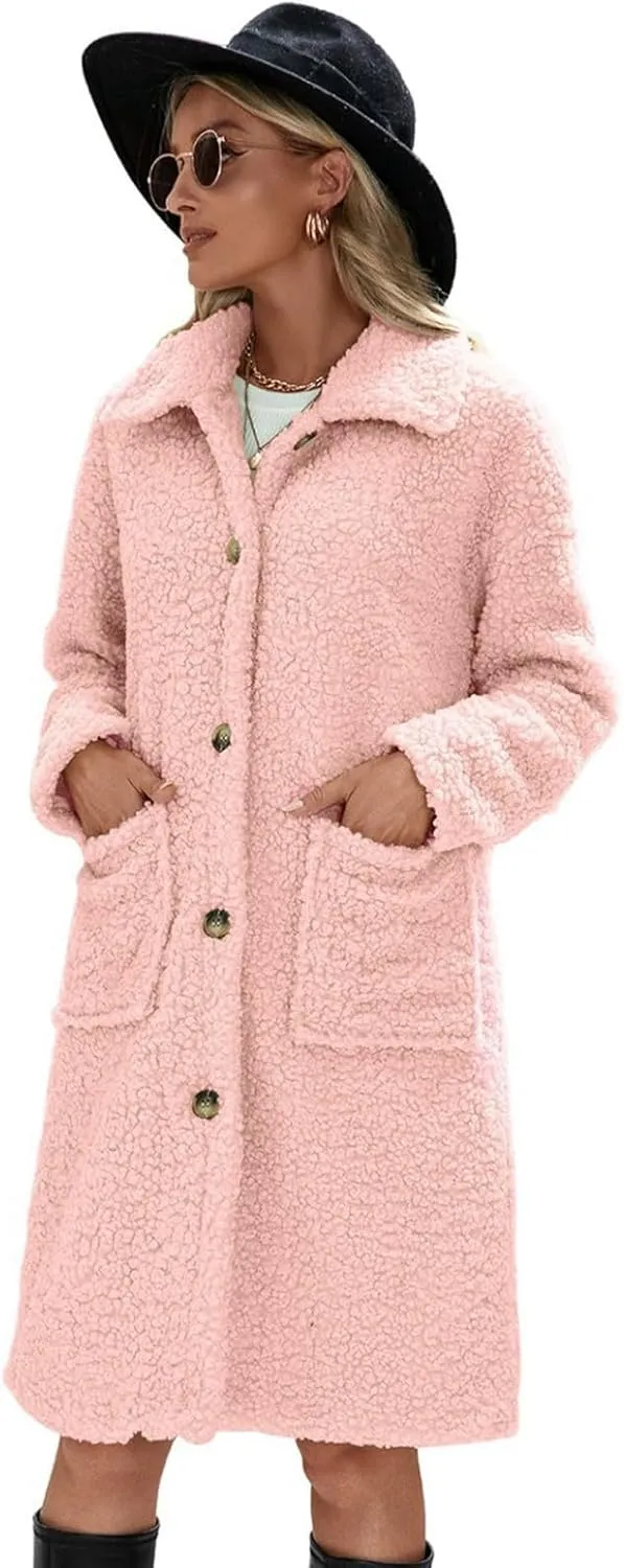 Long Jackets for Women Fuzzy Fleece Fashion Long Sleeve Teddy Coat Faux Fur Sherpa Warm Trench Coat Winter Outwear