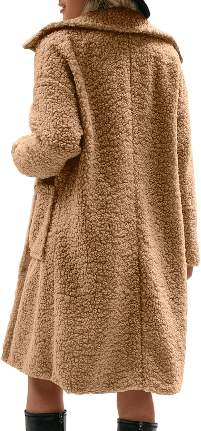 Long Jackets for Women Fuzzy Fleece Fashion Long Sleeve Teddy Coat Faux Fur Sherpa Warm Trench Coat Winter Outwear