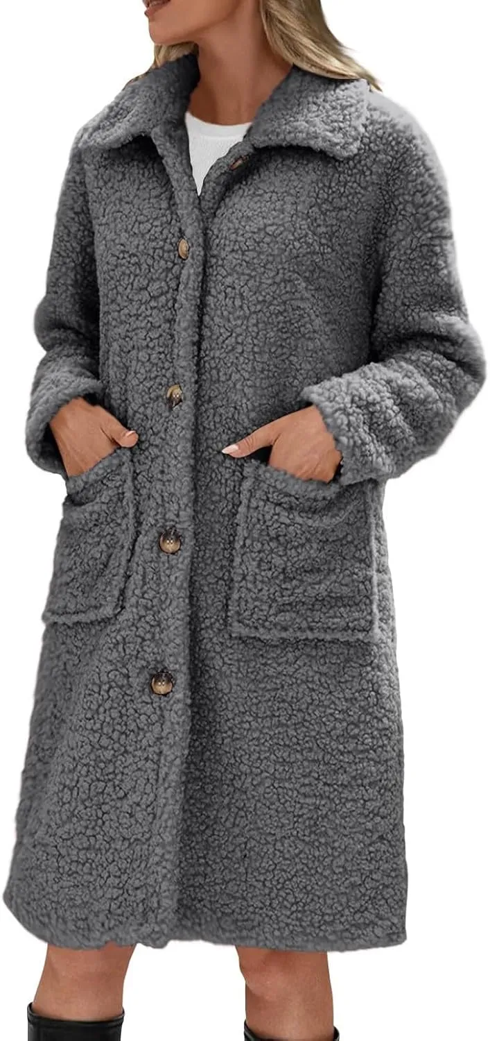 Long Jackets for Women Fuzzy Fleece Fashion Long Sleeve Teddy Coat Faux Fur Sherpa Warm Trench Coat Winter Outwear