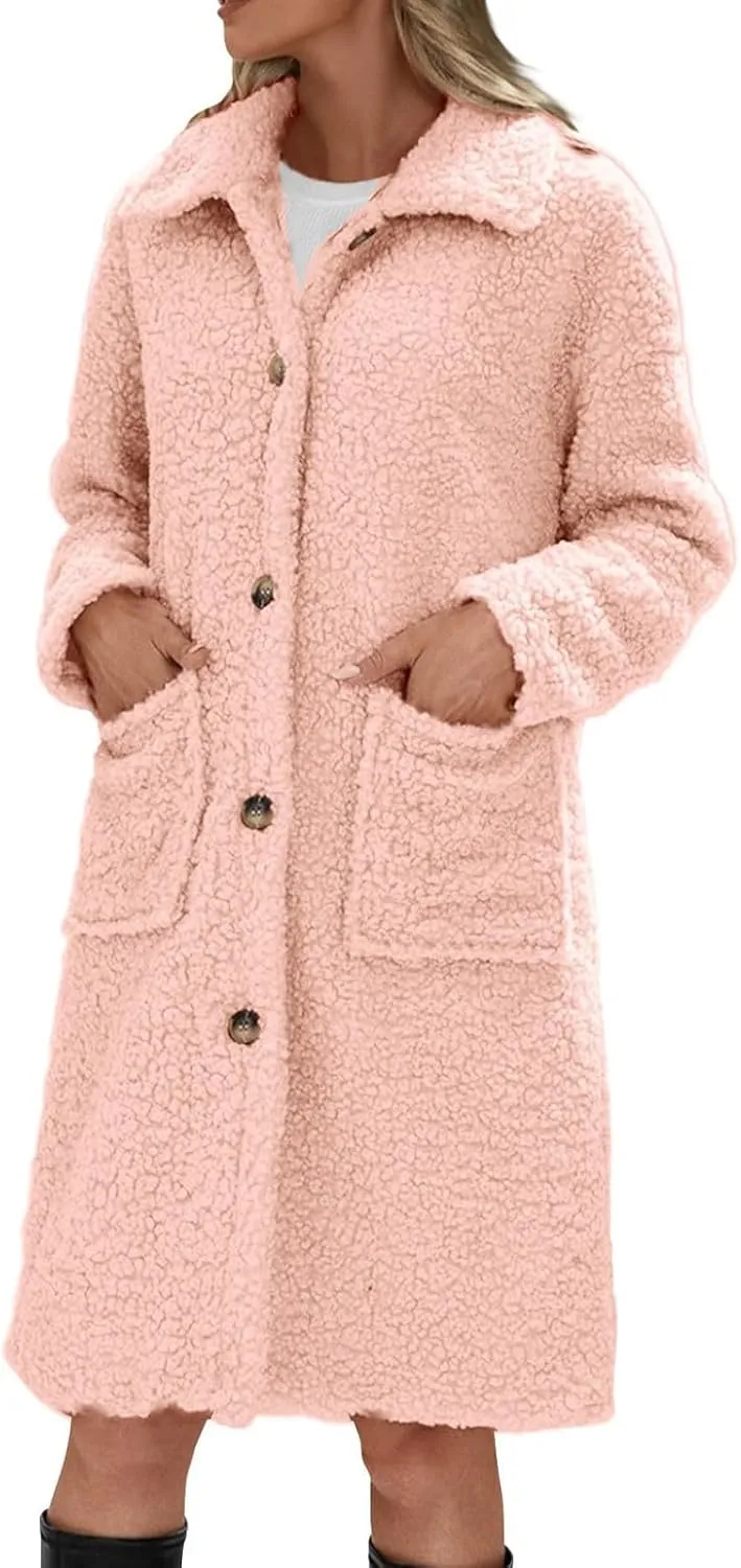 Long Jackets for Women Fuzzy Fleece Fashion Long Sleeve Teddy Coat Faux Fur Sherpa Warm Trench Coat Winter Outwear