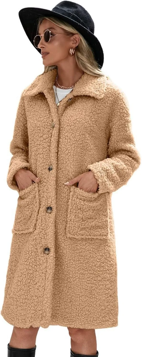 Long Jackets for Women Fuzzy Fleece Fashion Long Sleeve Teddy Coat Faux Fur Sherpa Warm Trench Coat Winter Outwear