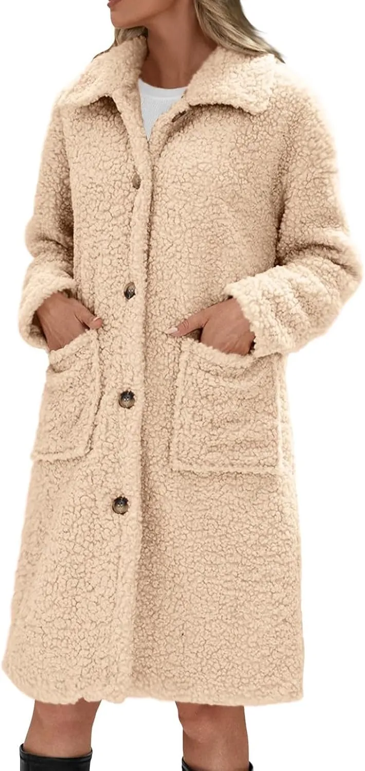 Long Jackets for Women Fuzzy Fleece Fashion Long Sleeve Teddy Coat Faux Fur Sherpa Warm Trench Coat Winter Outwear