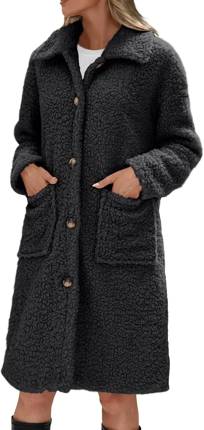 Long Jackets for Women Fuzzy Fleece Fashion Long Sleeve Teddy Coat Faux Fur Sherpa Warm Trench Coat Winter Outwear