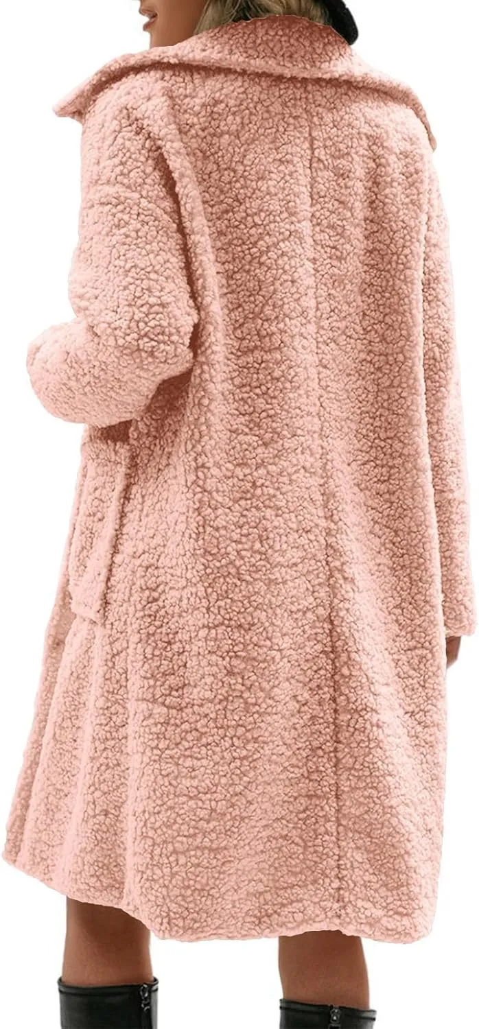 Long Jackets for Women Fuzzy Fleece Fashion Long Sleeve Teddy Coat Faux Fur Sherpa Warm Trench Coat Winter Outwear