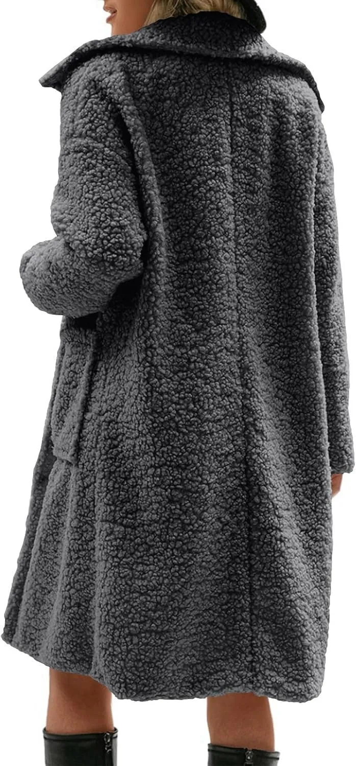 Long Jackets for Women Fuzzy Fleece Fashion Long Sleeve Teddy Coat Faux Fur Sherpa Warm Trench Coat Winter Outwear