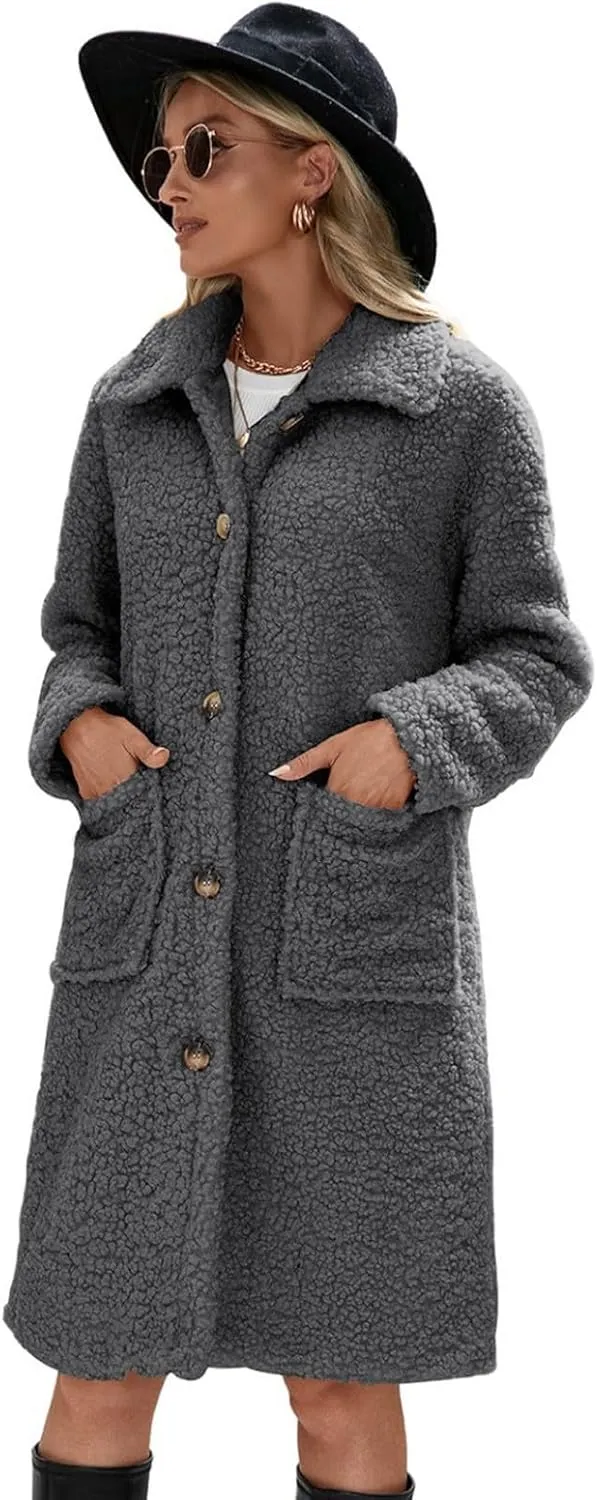 Long Jackets for Women Fuzzy Fleece Fashion Long Sleeve Teddy Coat Faux Fur Sherpa Warm Trench Coat Winter Outwear