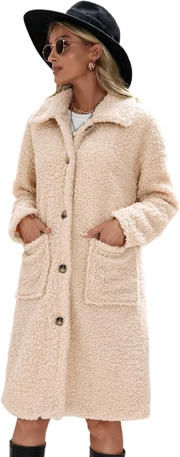 Long Jackets for Women Fuzzy Fleece Fashion Long Sleeve Teddy Coat Faux Fur Sherpa Warm Trench Coat Winter Outwear