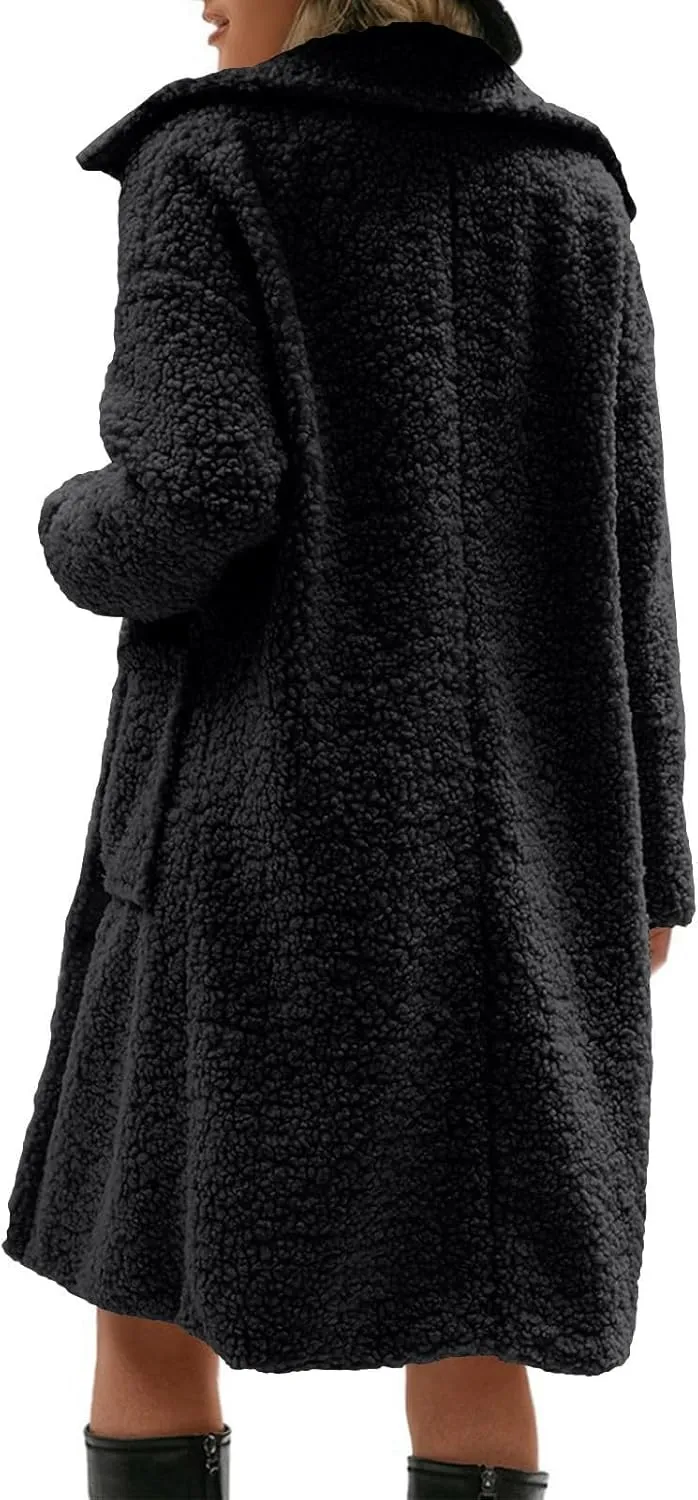 Long Jackets for Women Fuzzy Fleece Fashion Long Sleeve Teddy Coat Faux Fur Sherpa Warm Trench Coat Winter Outwear
