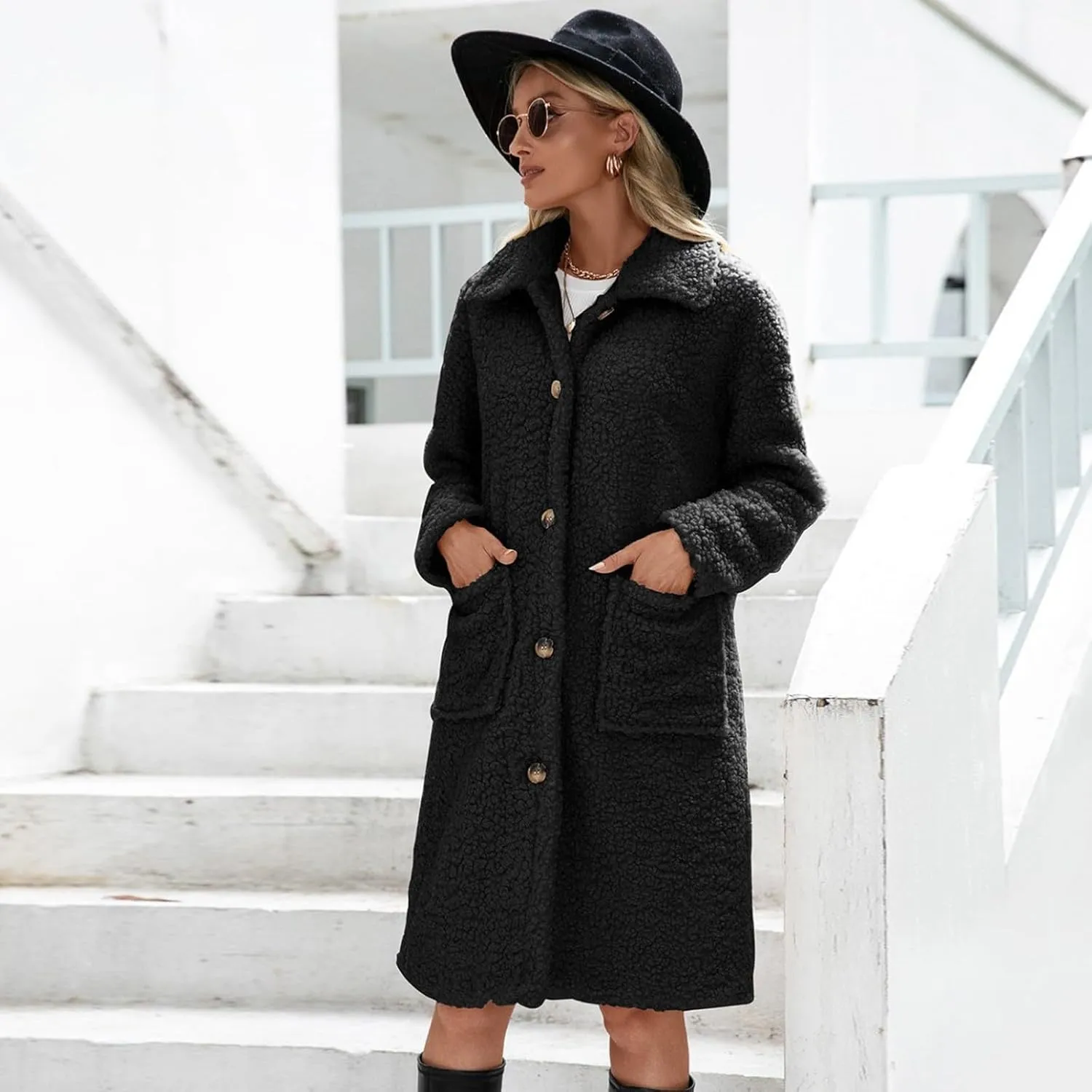 Long Jackets for Women Fuzzy Fleece Fashion Long Sleeve Teddy Coat Faux Fur Sherpa Warm Trench Coat Winter Outwear
