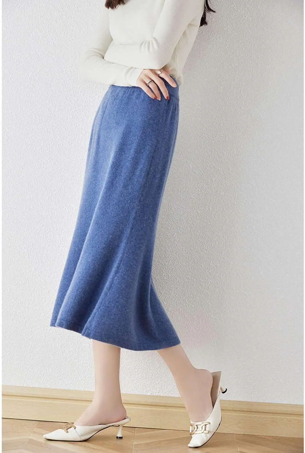 Long Skirt Women's Autumn Winter 100% Merino Wool Knit Skirt Girl's Ribbed Elastic Pleated Fishtail Skirts