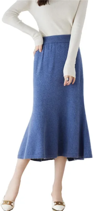 Long Skirt Women's Autumn Winter 100% Merino Wool Knit Skirt Girl's Ribbed Elastic Pleated Fishtail Skirts