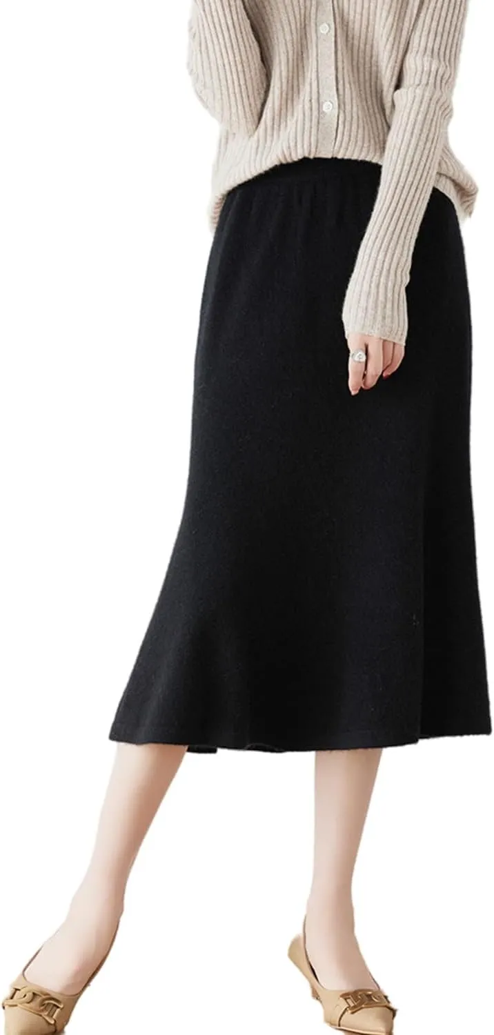 Long Skirt Women's Autumn Winter 100% Merino Wool Knit Skirt Girl's Ribbed Elastic Pleated Fishtail Skirts