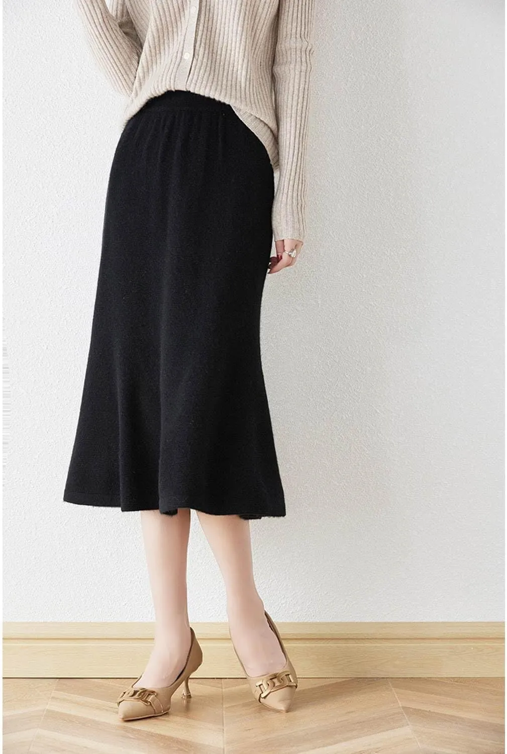 Long Skirt Women's Autumn Winter 100% Merino Wool Knit Skirt Girl's Ribbed Elastic Pleated Fishtail Skirts
