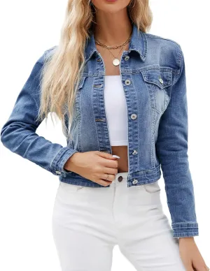 LONGYIDA Women's Jean Jacket Cropped Distressed Denim Jacket Long Sleeve Button Down Jean Jacket For Women