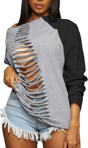 LovelyWholesale Women Off the Shoulder Sweatshirt Sexy Ripped Long Sleeve Shirts