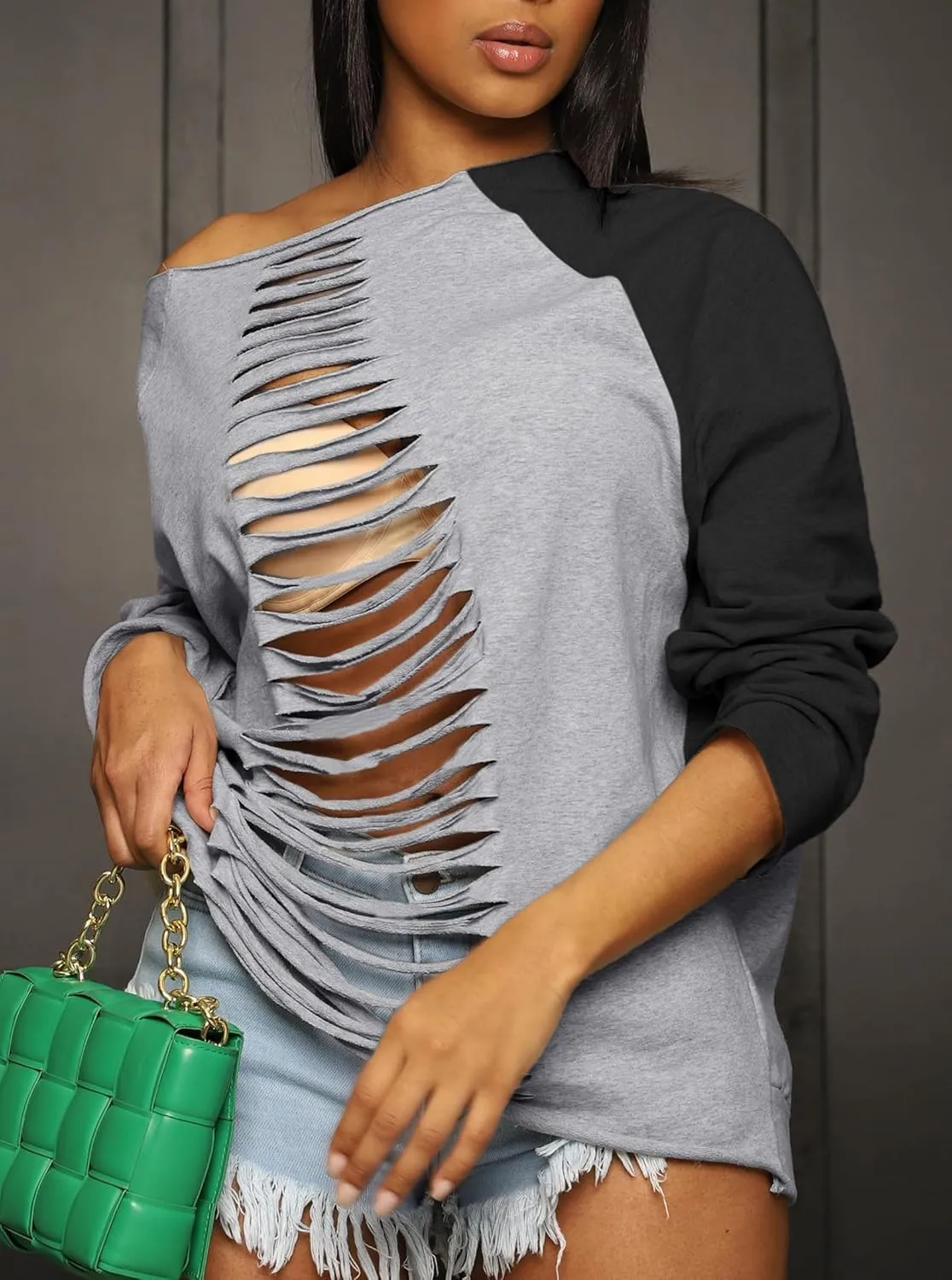 LovelyWholesale Women Off the Shoulder Sweatshirt Sexy Ripped Long Sleeve Shirts