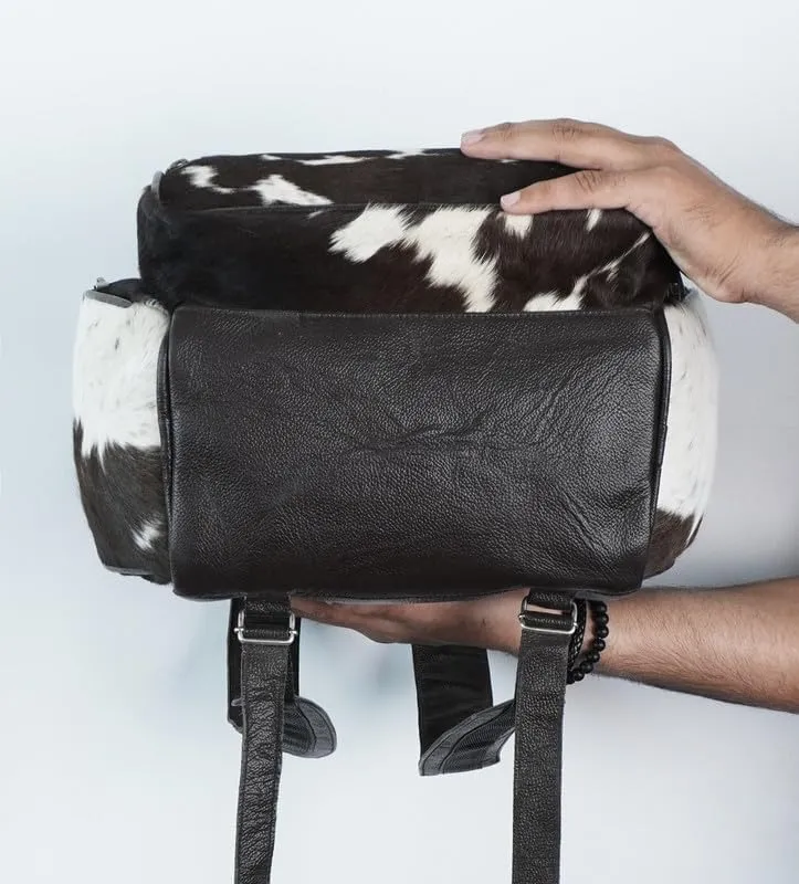 LP-FACON Western White & Black Cowhide Leather Backpack - Everyday Travel Backpack - Genuine Leather Cow Print Diaper Bag