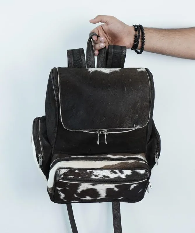 LP-FACON Western White & Black Cowhide Leather Backpack - Everyday Travel Backpack - Genuine Leather Cow Print Diaper Bag