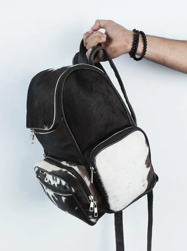 LP-FACON Western White & Black Cowhide Leather Backpack - Everyday Travel Backpack - Genuine Leather Cow Print Diaper Bag