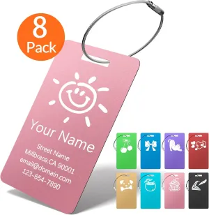 Luggage Tags for Suitcases 8 Pack, Summer Travel Logo Custom Metal Name Tags Engraved with Logo/Name/Text, Personalized Travel Bag Tags, Luggage Identifier for Suitcase, Baggage, Golf Bag, Animal Case