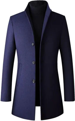 Lu's Chic Men's Wool Pea Coats Thick Long Sleeve Button Down Dressy Jacket Long Quilted Single Breasted Slim Fit Peacoat