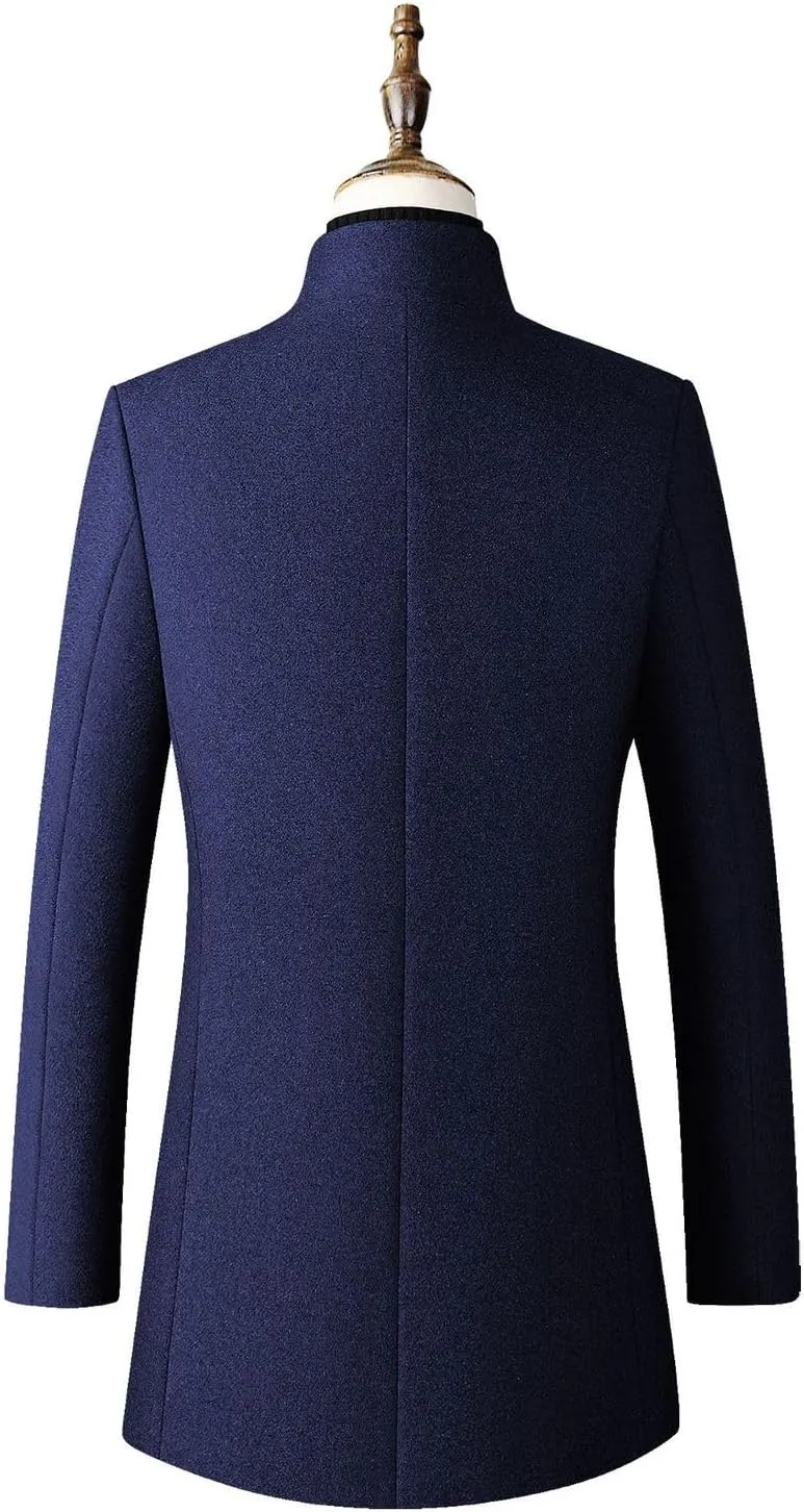 Lu's Chic Men's Wool Pea Coats Thick Long Sleeve Button Down Dressy Jacket Long Quilted Single Breasted Slim Fit Peacoat