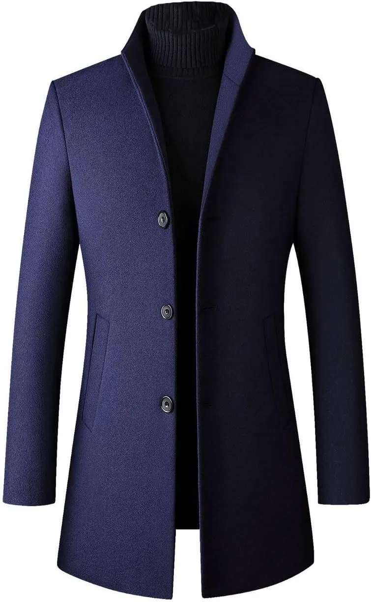 Lu's Chic Men's Wool Pea Coats Thick Long Sleeve Button Down Dressy Jacket Long Quilted Single Breasted Slim Fit Peacoat