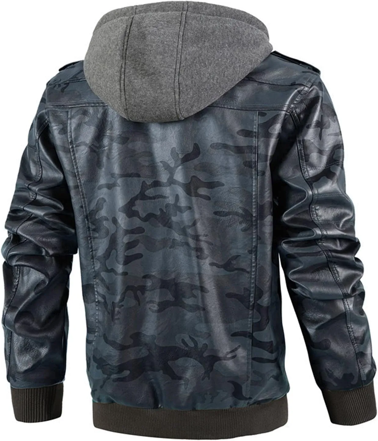 Maiyifu-GJ Camo Motorcycle Jacket for Men Faux Leather Windproof Moto Coat Vintage Bomber Hoodie with Removable Hood