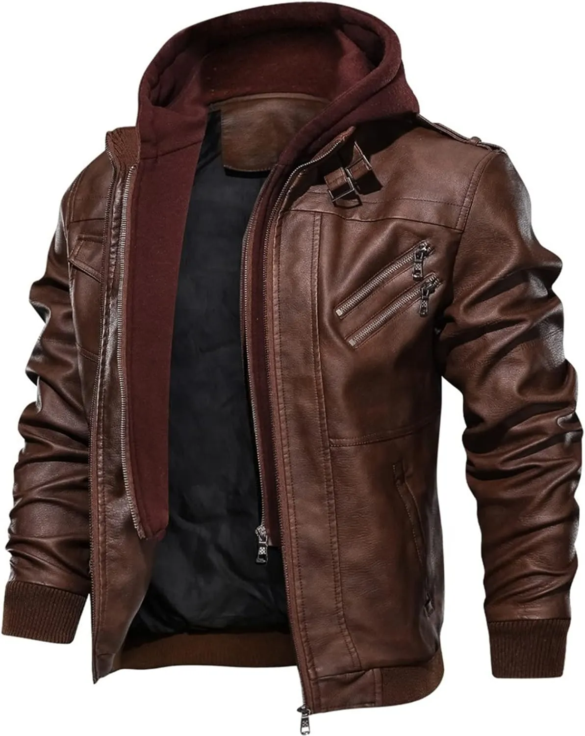 Maiyifu-GJ Casual Motorcycle Jacket for Men Faux Leather Windproof Moto Coat Vintage Bomber Hoodie with Removable Hood