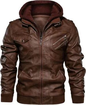 Maiyifu-GJ Casual Motorcycle Jacket for Men Faux Leather Windproof Moto Coat Vintage Bomber Hoodie with Removable Hood