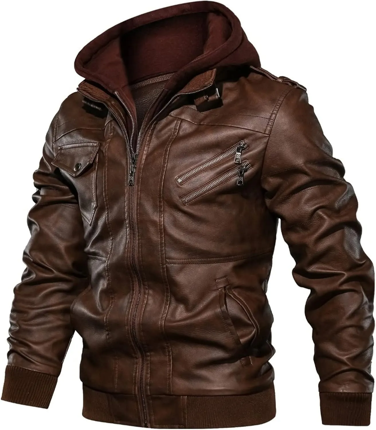 Maiyifu-GJ Casual Motorcycle Jacket for Men Faux Leather Windproof Moto Coat Vintage Bomber Hoodie with Removable Hood