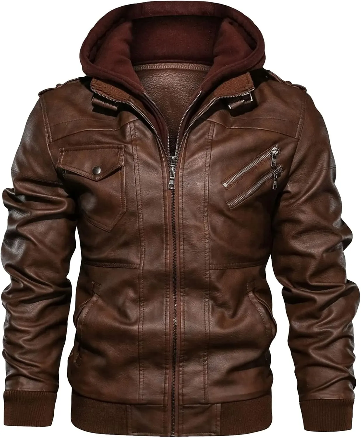 Maiyifu-GJ Casual Motorcycle Jacket for Men Faux Leather Windproof Moto Coat Vintage Bomber Hoodie with Removable Hood