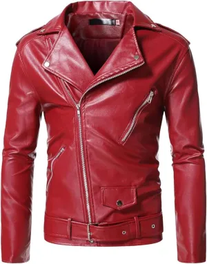 Maiyifu-GJ Men Faux Leather Motorcycle Jacket Asymmetric Zipper Slim Outwear Overcoat Retro Notched Lapel Pu Biker Coat (RedA1,Large)