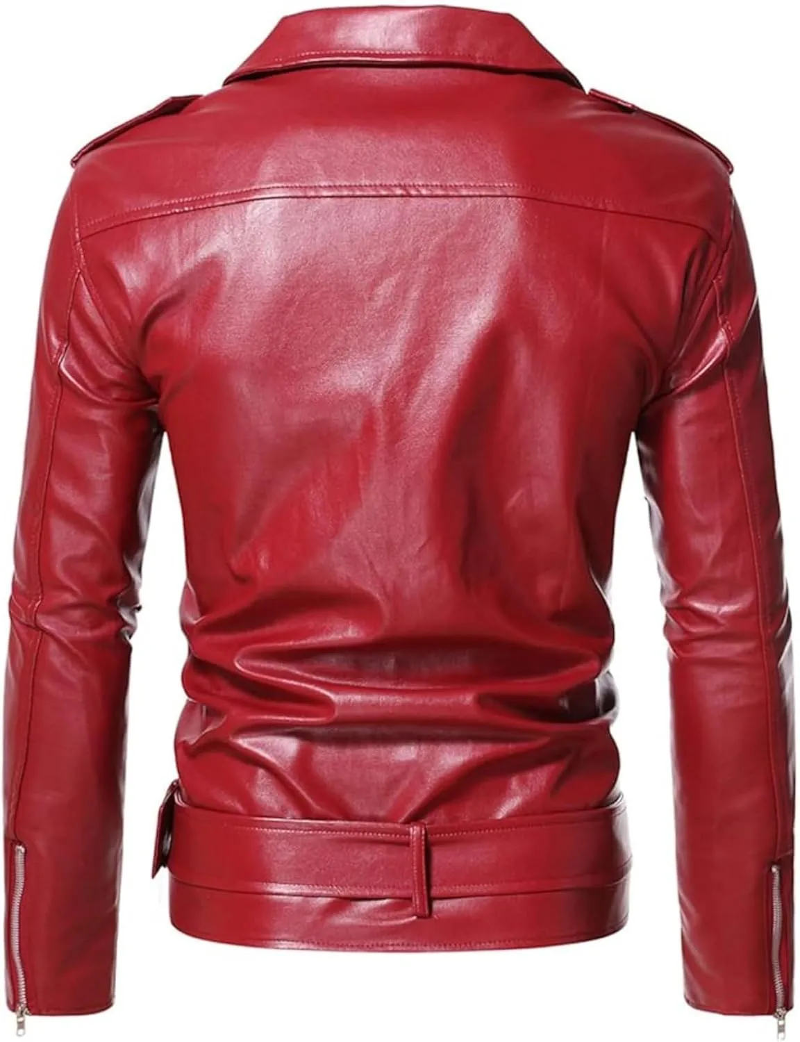 Maiyifu-GJ Men Faux Leather Motorcycle Jacket Asymmetric Zipper Slim Outwear Overcoat Retro Notched Lapel Pu Biker Coat (RedA1,Large)