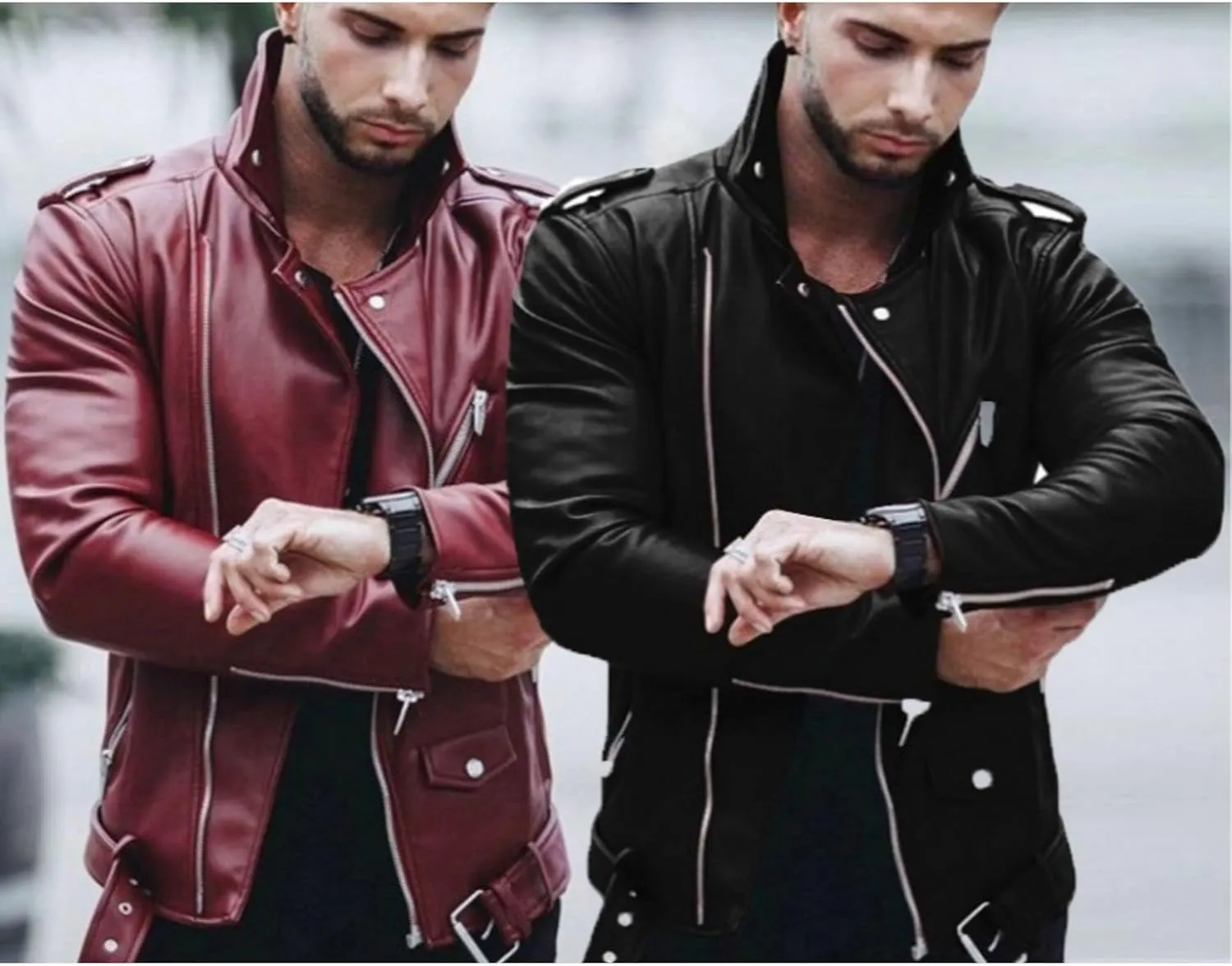 Maiyifu-GJ Men Faux Leather Motorcycle Jacket Asymmetric Zipper Slim Outwear Overcoat Retro Notched Lapel Pu Biker Coat (RedA1,Large)