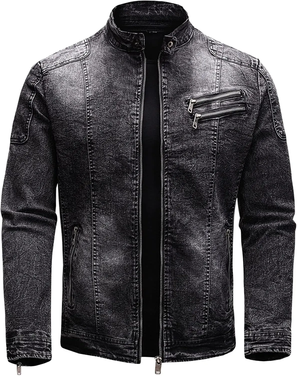 Maiyifu-GJ Men's Fleece Lined Denim Jacket Stand Collar Distressed Biker Jean Jacket Slim Fit Zipper Warm Moto Trucker Coat