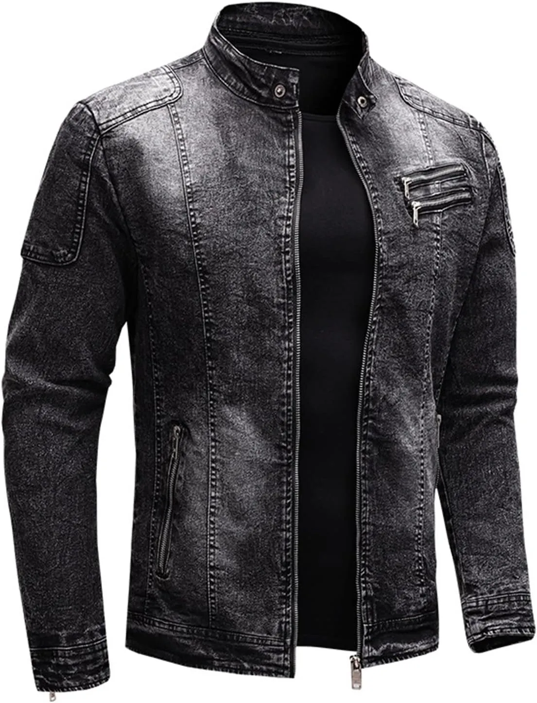 Maiyifu-GJ Men's Fleece Lined Denim Jacket Stand Collar Distressed Biker Jean Jacket Slim Fit Zipper Warm Moto Trucker Coat