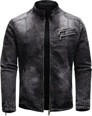Maiyifu-GJ Men's Fleece Lined Denim Jacket Stand Collar Distressed Biker Jean Jacket Slim Fit Zipper Warm Moto Trucker Coat