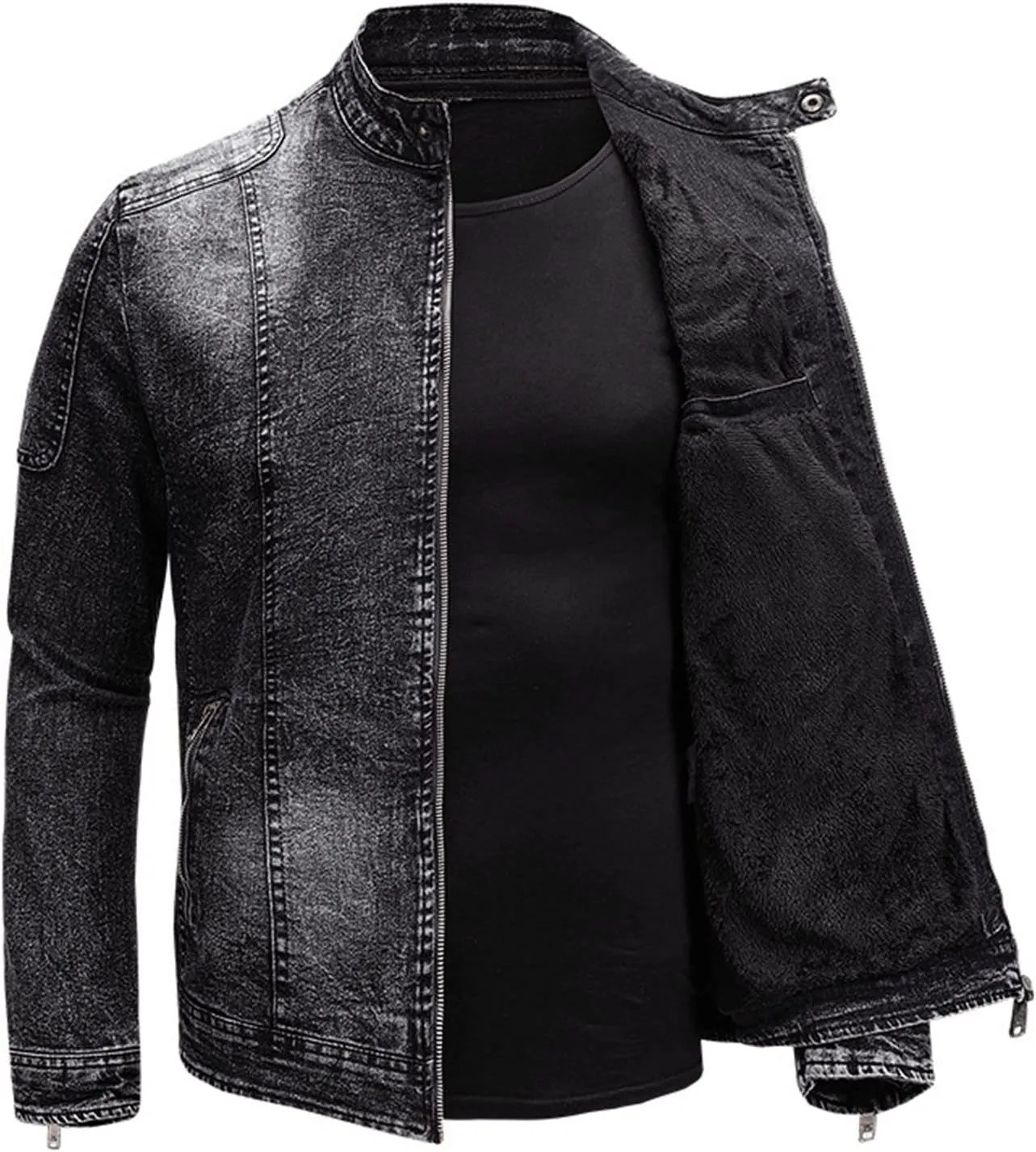 Maiyifu-GJ Men's Fleece Lined Denim Jacket Stand Collar Distressed Biker Jean Jacket Slim Fit Zipper Warm Moto Trucker Coat