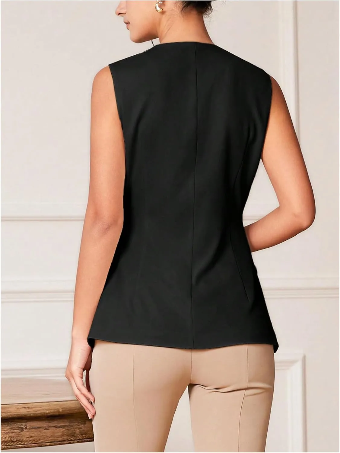 MakeMeChic Women's Asymmetrical Hem Notch Neck Blazer Vest Single Breasted Sleeveless Coats