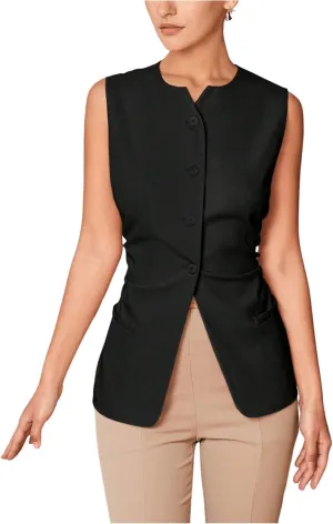 MakeMeChic Women's Asymmetrical Hem Notch Neck Blazer Vest Single Breasted Sleeveless Coats
